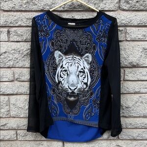 Elegant Blue and Black Tiger Graphic Long Sleeve Top